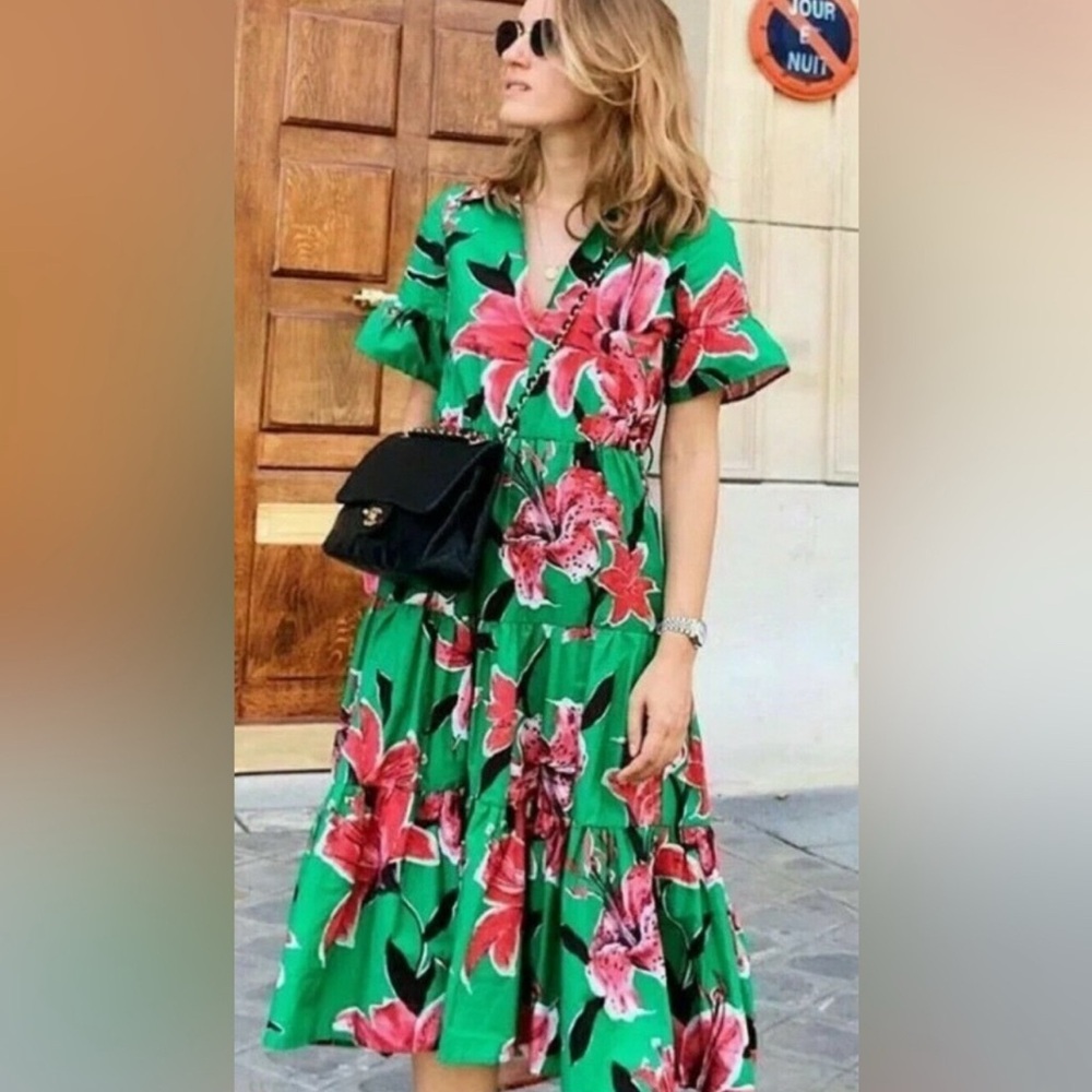 Zara Green Dress with Pink Floral Design